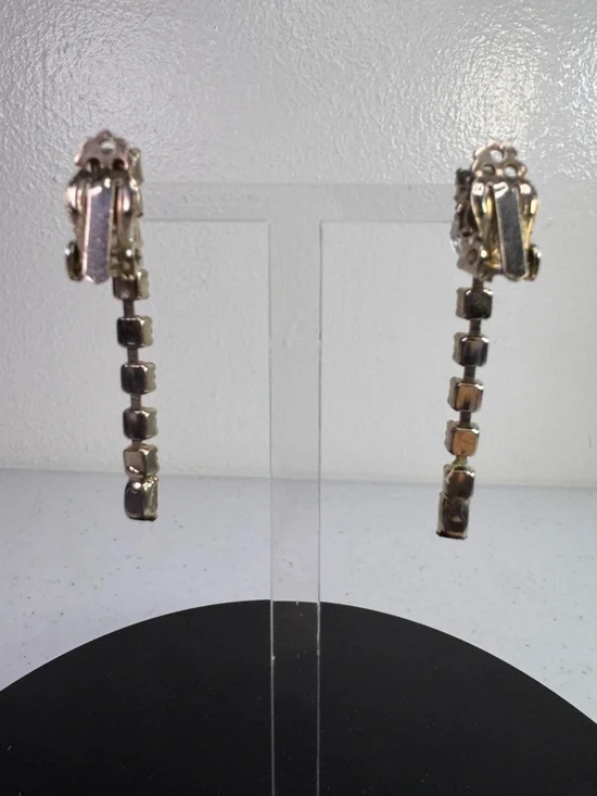 Vintage Amber & Clear crystal Rhinestone Clip-On Drop Earrings + Velvet Gift Bag - Picture 3 of 12